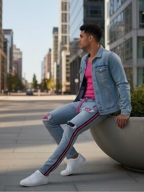 Focus NWOT Mens Slim Fit Faded Blue Distressed Jeans with Pink & Black